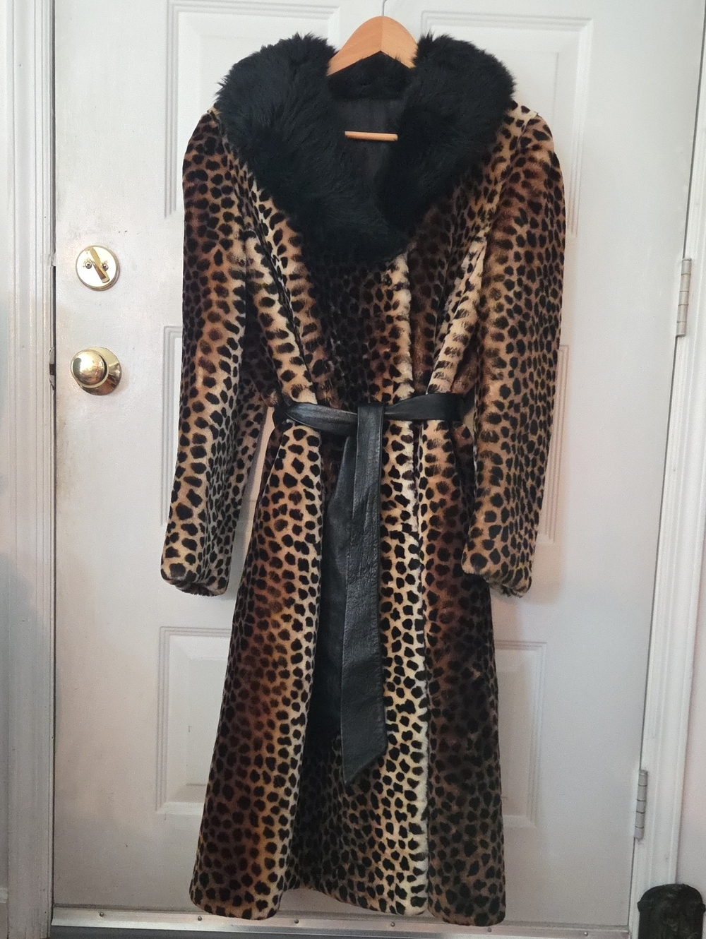 Leopard Faux-Fur Long Robe Coat with Black Trim